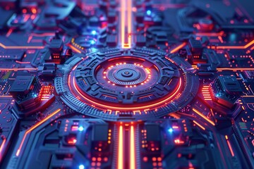 Futuristic microchip processor with lights on the blue background. Quantum computer, large data processing, database concept