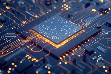 Futuristic microchip processor with lights on the blue background. Quantum computer, large data processing, database concept