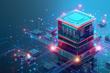 Futuristic microchip processor with lights on the blue background. Quantum computer, large data processing, database concept