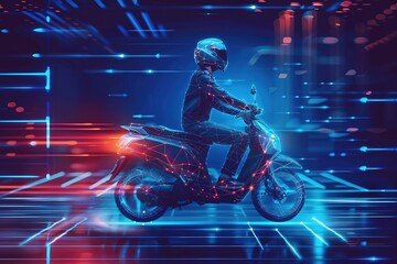 Fast delivery by motorbike. A transport system that is good, safe, and fast. Hi-tech digital concept design. The blue and blue tones look technological. Design for websites, mobile apps