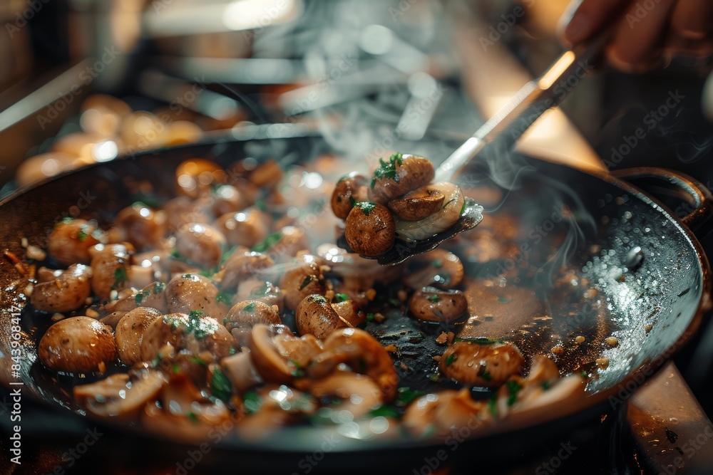 Wall mural chef sautéing mushrooms and garlic in a pan