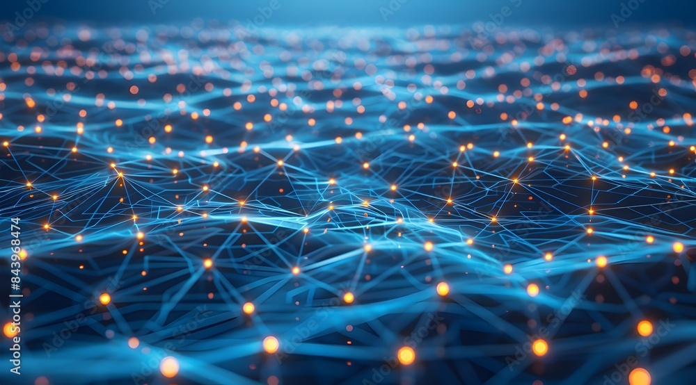 Poster abstract blue background with glowing dots and connections, representing a technology network or con