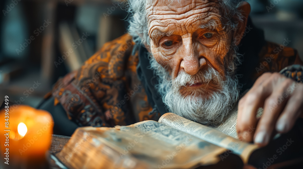Aufkleber an old man is sitting at a table with a book open in front of him. he is pointing to the book with h