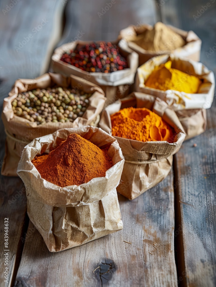 Poster a variety of dry spices are displayed in open paper bags on a rustic wooden surface. the spices, inc