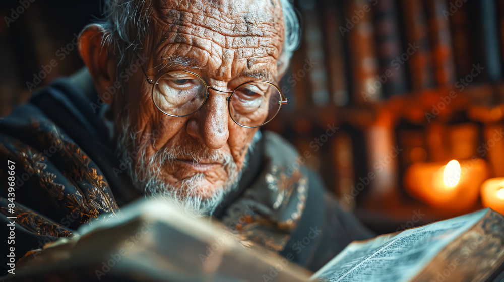 Aufkleber an old man is sitting at a table with a book open in front of him. he is pointing to the book with h