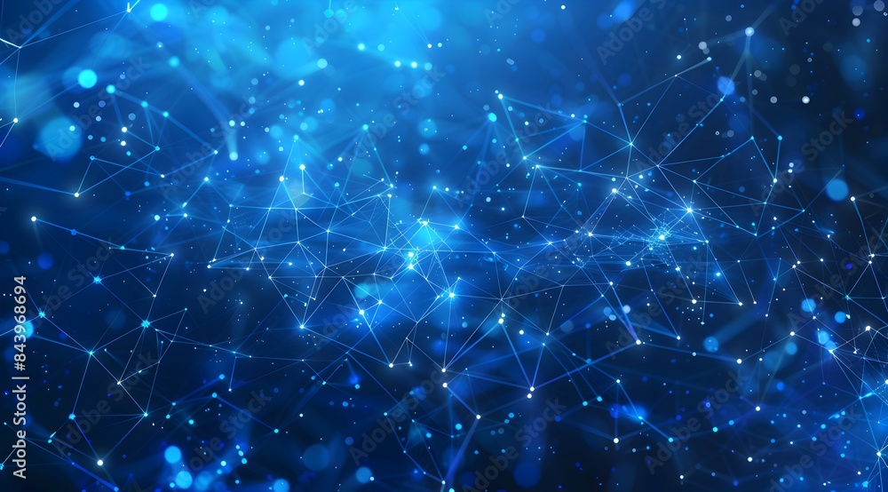 Poster abstract blue background with glowing dots and connections, representing a technology network or con