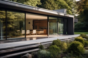 Fototapeta premium Modern Home With Large Glass Windows Overlooking Lush Greenery. Generative AI