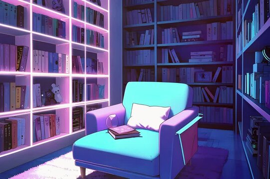 Cozy lo-fi living room Japanese town Sky view. stream starting soon screen, overlay loop animated virtual backgrounds vtuber asset twitch zoom OBS anime chill hip hop. Cyan purple colours manga style