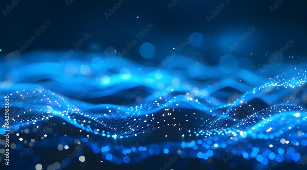 Poster abstract blue background with network connection dots and lines, depicting a digital technology conc