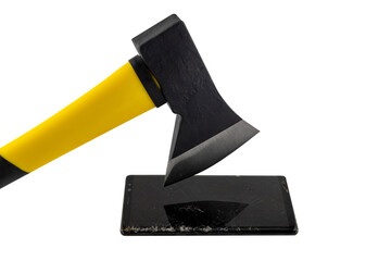 Modern cell phone smashed with axe, crashed cell phone, smartphone with broken screen, broken communication
