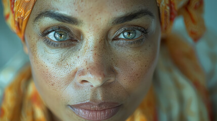 A woman with a scarf on her head and a blue eye. She has a lot of freckles on her face