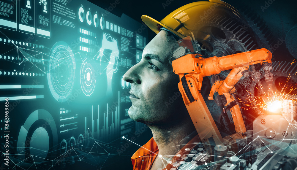 Poster mlp mechanized industry robot arm and factory worker double exposure. concept of robotics technology