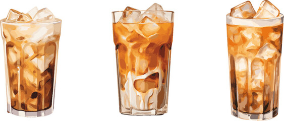 three glasses of iced coffee with ice and caramel