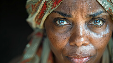 Obraz premium A woman with blue eyes and a tan face. She is wearing a yellow shirt. The woman has a lot of freckles on her face