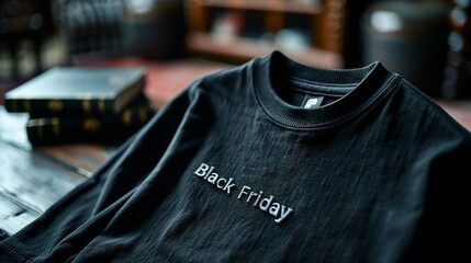 Black friday embroidered on a black t-shirt lying on a table