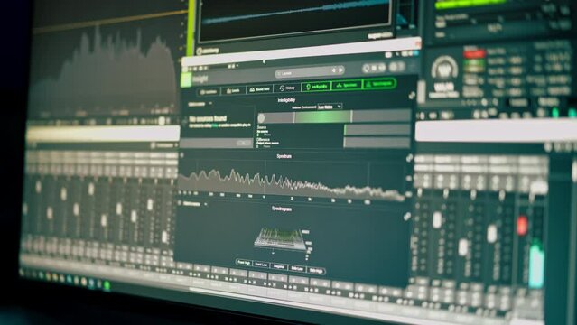 close up in a dark recording studio monitor with a sound track, cleaning, mixing and processing sound in a special program for professionals