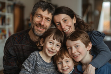 Fototapeta premium Family Unity: Smiling Parents and Kids in Matching Outfits