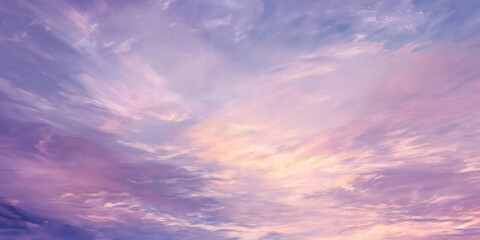 Obraz premium Atmospheric Sky Views: Sunset, Sunrise, Pink Purple Cirrus and Cumulus Clouds, Twilight with Pink Sky