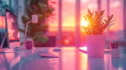 Naklejka premium Contemporary office desk with plant in sunset light, minimalist workspace design