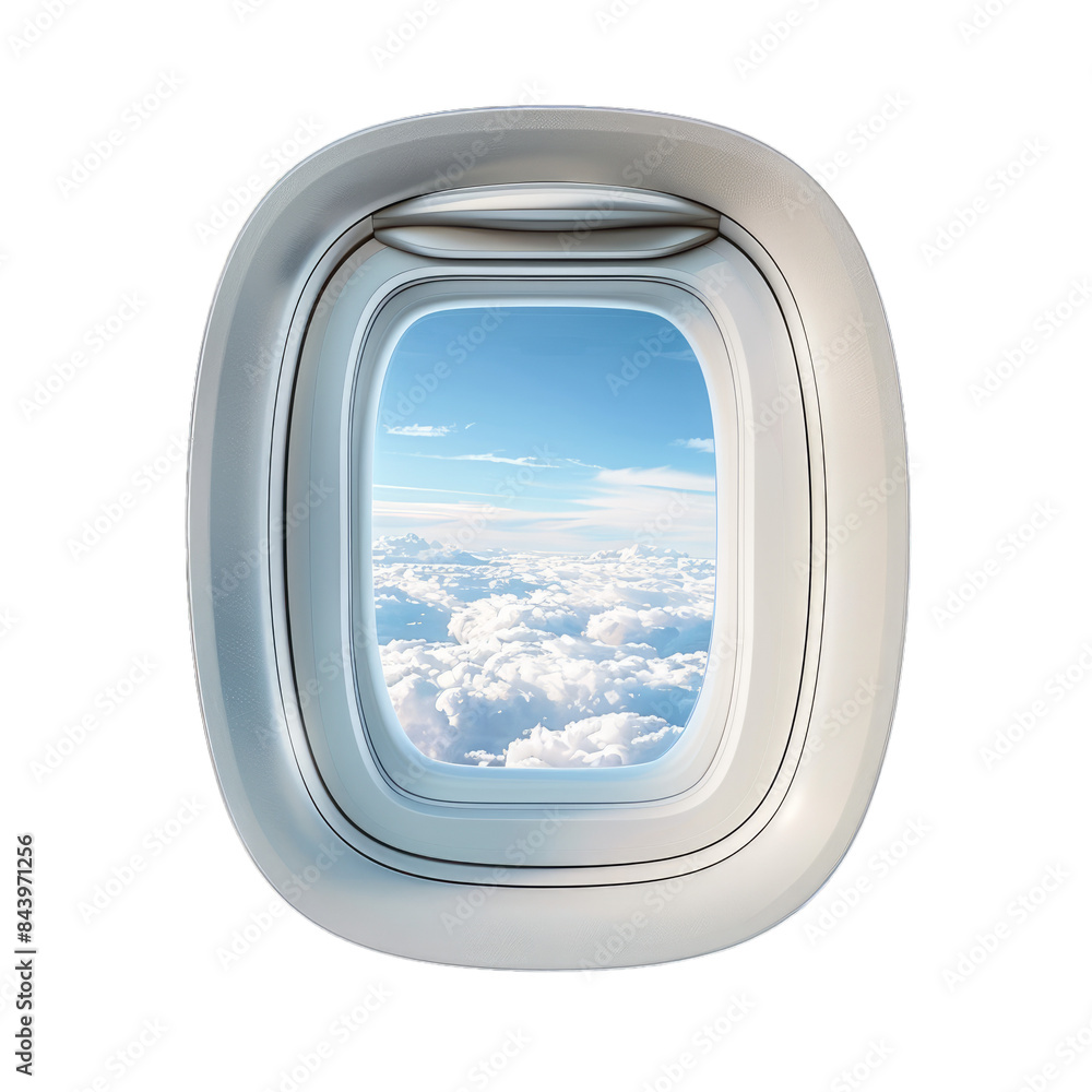 Aufkleber high altitude view of fluffy clouds seen through an airplane window on a transparent background