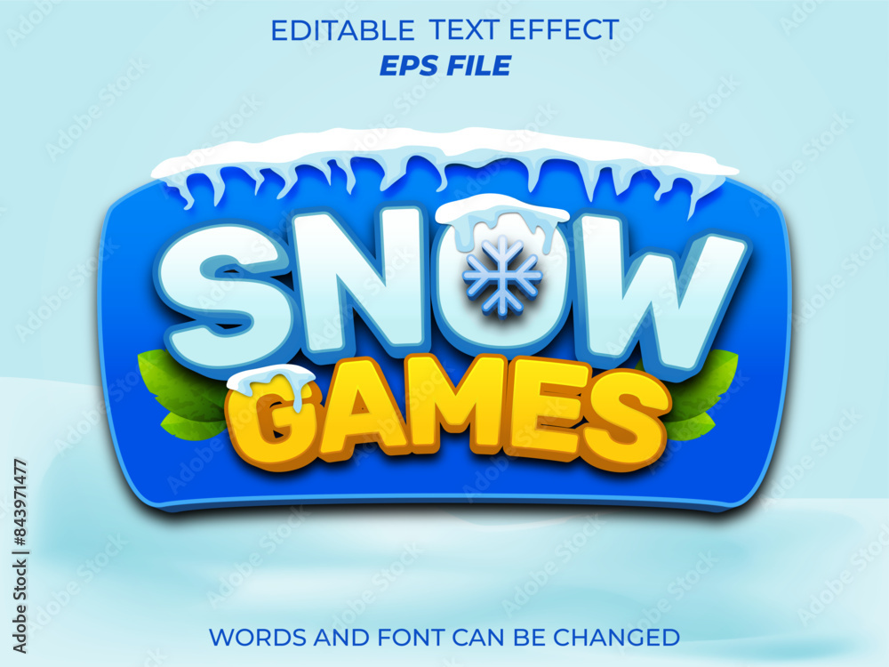 Poster snow games text effect, font editable, typography, 3d text for games. vector template