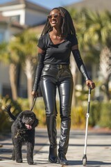Full body photo of an attractive smiling young dark skin woman in leather pants with white cane and service dog walking outside residential complex, park view