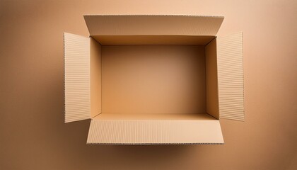 Minimalist image of an open empty cardboard box from an overhead perspective highlighting space and...