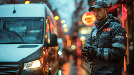Naklejka premium A man in a black jacket stands in front of a van. He is holding a cell phone and he is waiting for someone. The scene takes place in a city with a wet street