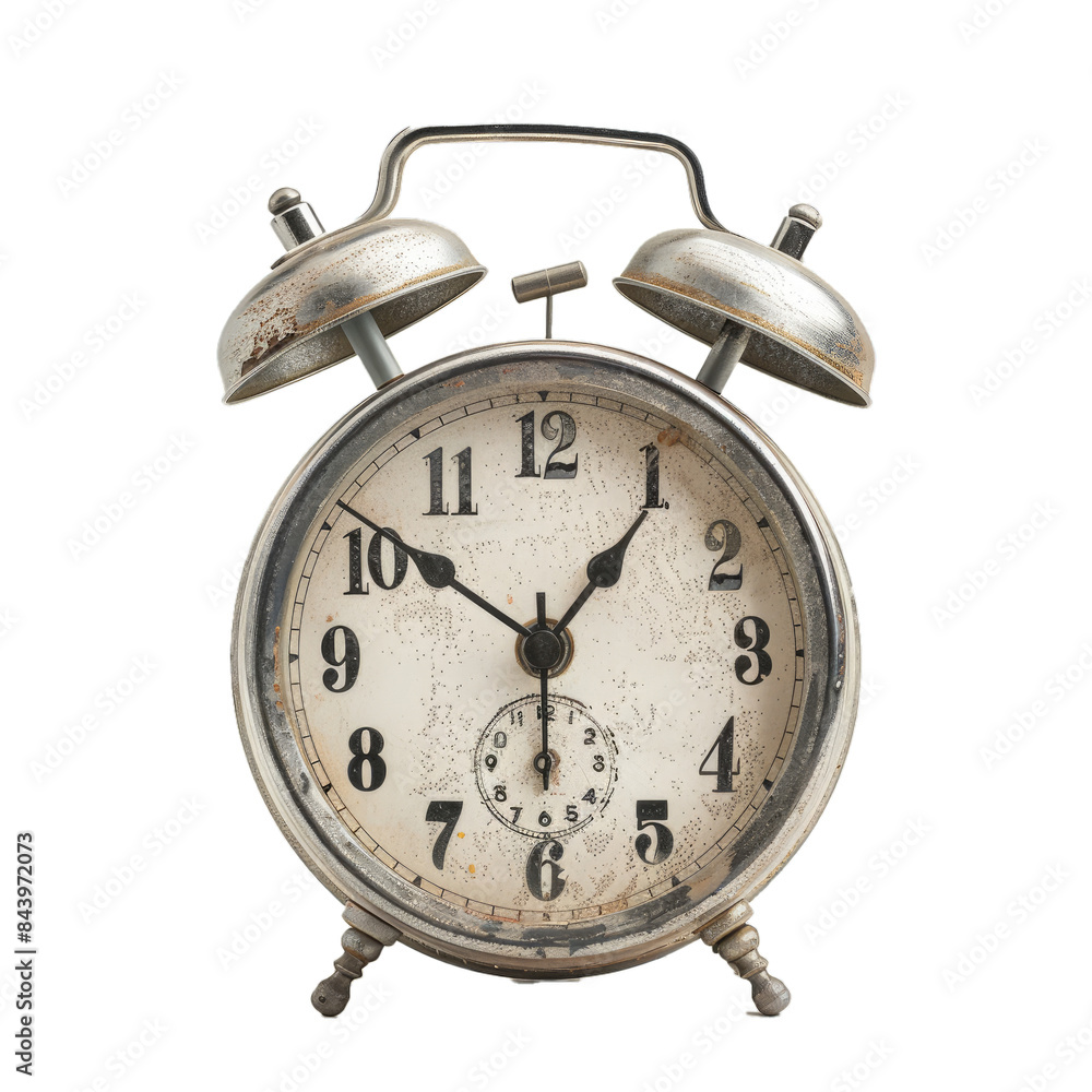 Poster antique style alarm clock with a rustic look isolated on a transparent grid background