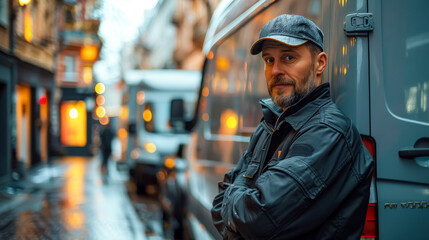 Obraz premium A man in a black jacket stands in front of a silver van. He is wearing a baseball cap and has his arms crossed. The scene takes place on a city street with several cars parked along the curb