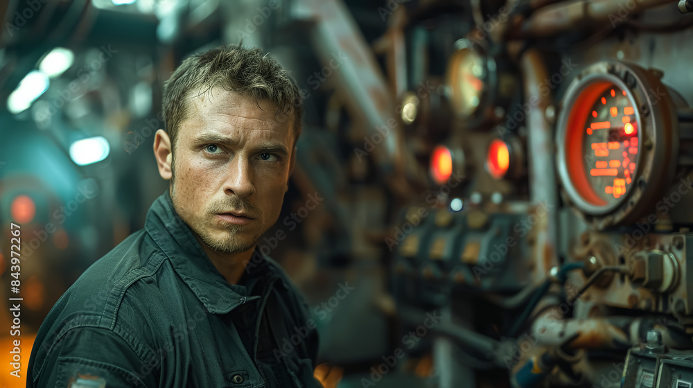 Poster a man in a black shirt and jacket is standing in front of a machine with a red light on it