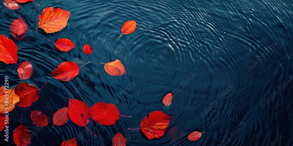 Wall mural red and orange leaves floating on a dark blue water surface