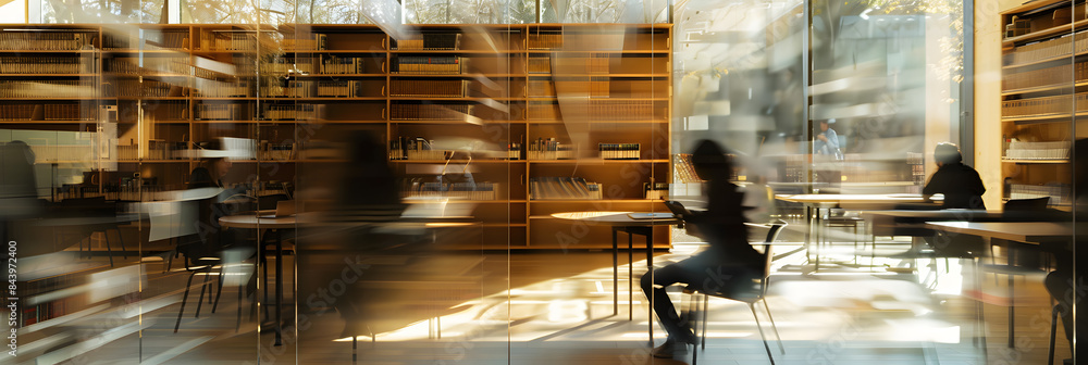 Poster a hazy snapshot captures a library with students studying at their tables in motion blur. the contem