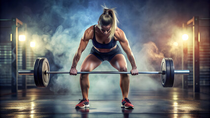 Front view of a young woman in exercise clothes doing deadlifting. blurred background, realistic light and shade,