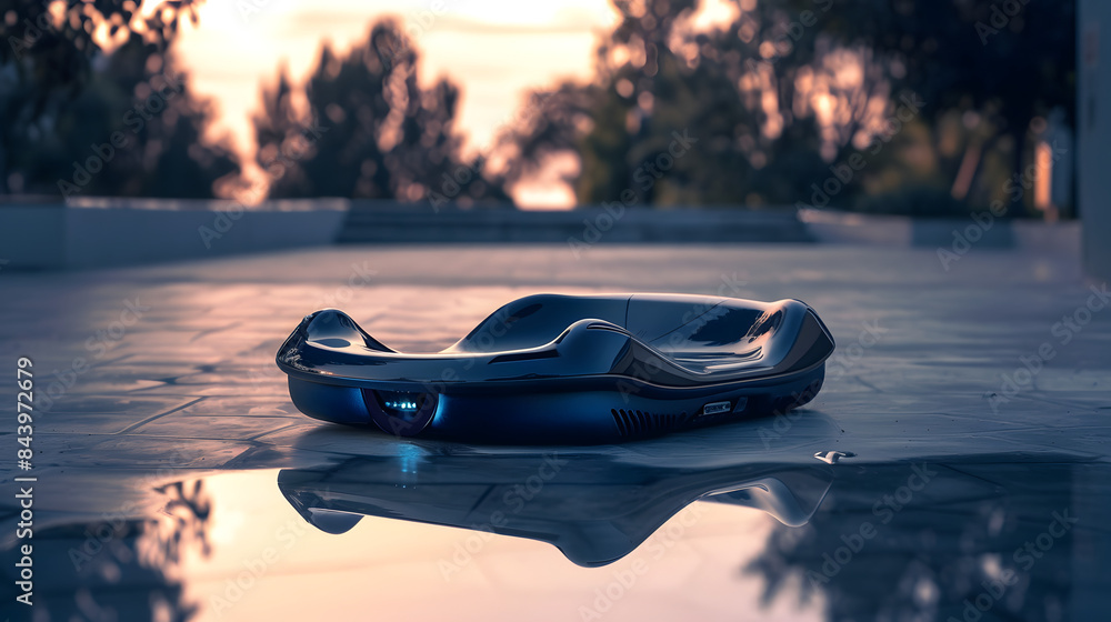 Poster a hoverboard at a charging dock. indigo sparkle. noon backdrop. plain.