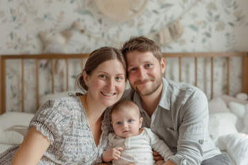 Family Bed Photo: Parents and Baby in Casual Attire