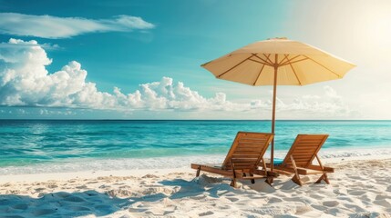 Fototapeta premium A chaise lounge under a sunshade on a pristine beach with palm trees and a calm ocean, creating a postcard-perfect tropical setting.