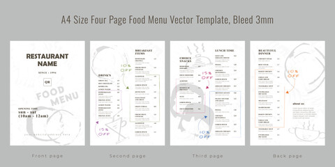 Restaurant cafe menu, template design, A4 size four page food menu template, Bleed 3mm