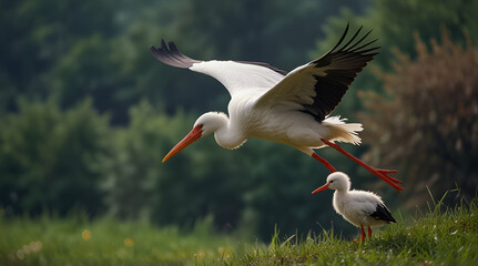 Stork Carrying a Baby in Flight: Selective Focus Photography
