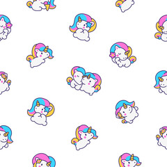 Cute kawaii little unicorn. Seamless pattern. Fairy tale cartoon happy pony characters. Hand drawn style. Vector drawing. Design ornaments.