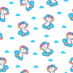 Cute kawaii little unicorn. Seamless pattern. Fairy tale cartoon happy pony characters. Hand drawn style. Vector drawing. Design ornaments.