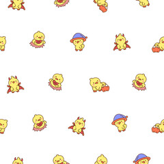 Cute kawaii little chick. Seamless pattern. Cartoon baby farm birds characters. Hand drawn style. Vector drawing. Design ornaments.