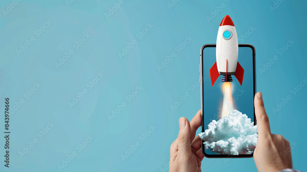 Poster smartphone showcasing 3d rocket launch, symbolizing progress and advancement
