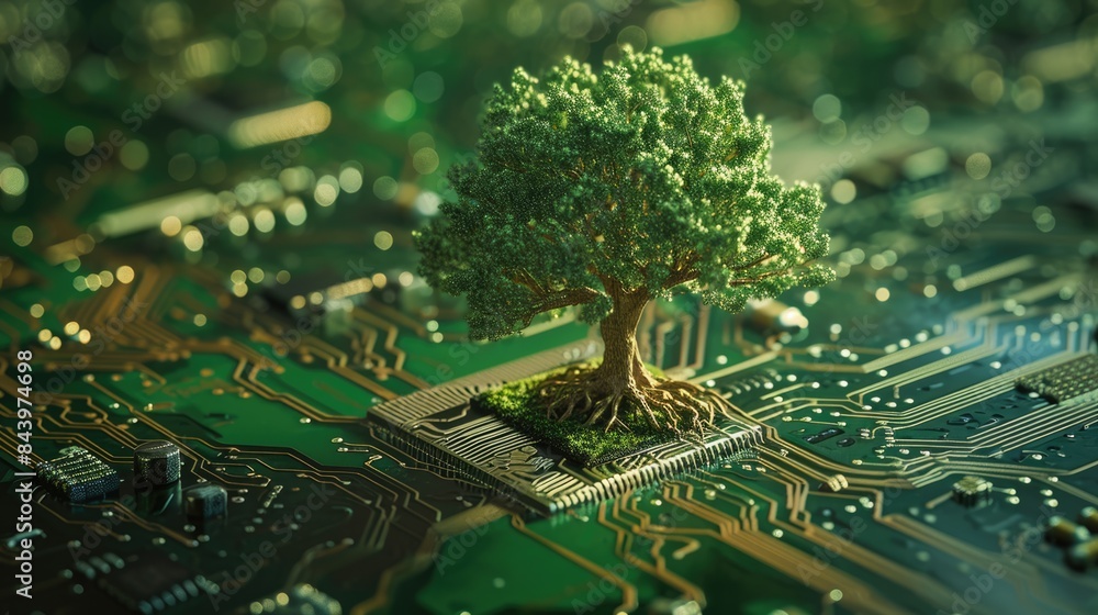 Poster the bottom angle view of the growing green tree on the cpu on the land of the greenish mainboard and