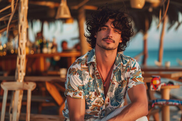 Obraz premium Man with Mustache at Beach Bar: Black Curly Hair and Brown Eyes in Patterned Shirt and White Pants