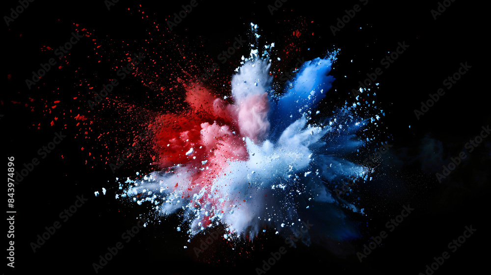 Poster dynamic explosion of red and blue powder, creating a vivid contrast against a dark backdrop
