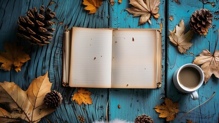 autumn journal on rustic table with coffee cup and fallen leaves - Powered by Adobe