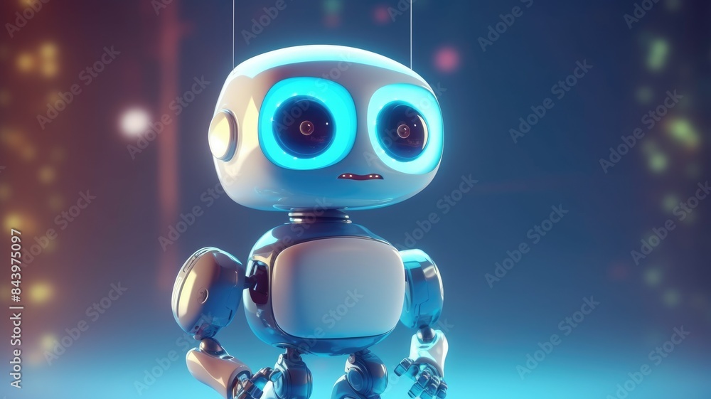 Poster science fiction picture of cute robot for chat bot program, assistance technology about information 