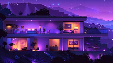 A modern home with large windows and an outdoor balcony is illuminated with purple lights at night