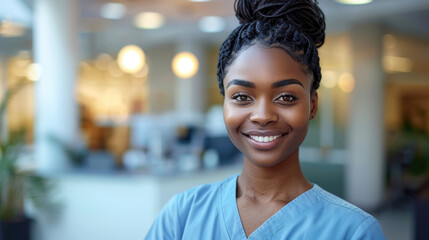 A cheerful and confident healthcare professional in scrubs, radiating warmth in a clinical setting.